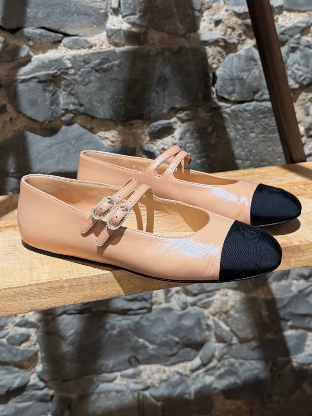 Chanel 2024 Shiny Beige Mary Jane Pearl Accent Ballet Flats